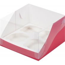 Короб картонный под  4 капкейка красный с пластиковой крышкой